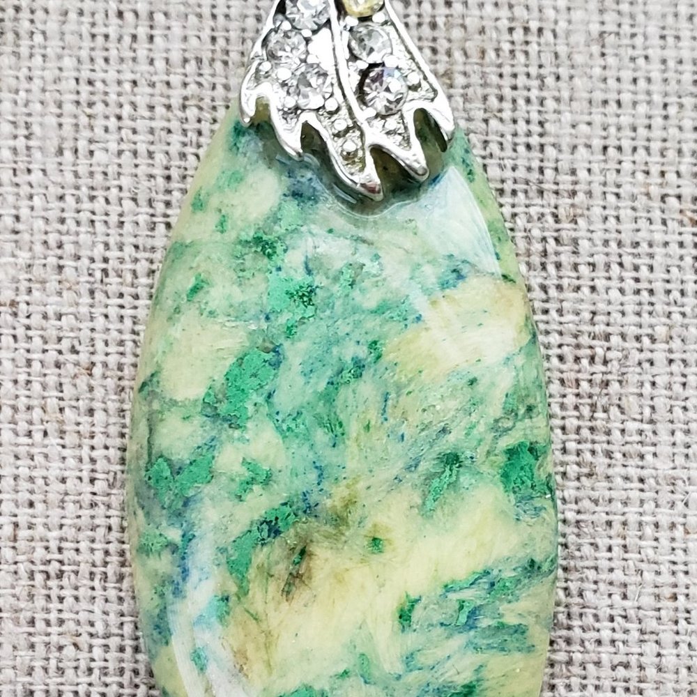 Polished Stone Pendant with Silver and Crystals